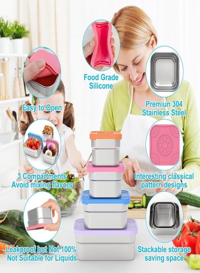 DaCool 4 Pack Kids Stainless Steel Snack Containers with Lids Spork, Totally 39 oz Easy Open Leakproof Small Toddler Snack Box with Silicone Lids, Stackable Metal Lunch Box for Daycare and School - Image 3